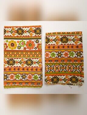 Fieldcrest Two Floral Fabric Pieces Vintage 1970s Marigold Avacado Green 5 Yards